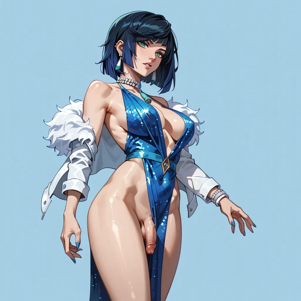 Yelan, blue dress, sequin dress, plunging neckline, pelvic curtain, futanari, flaccid penis, flaccid penis under clothes, flaccid penis beneath clothes