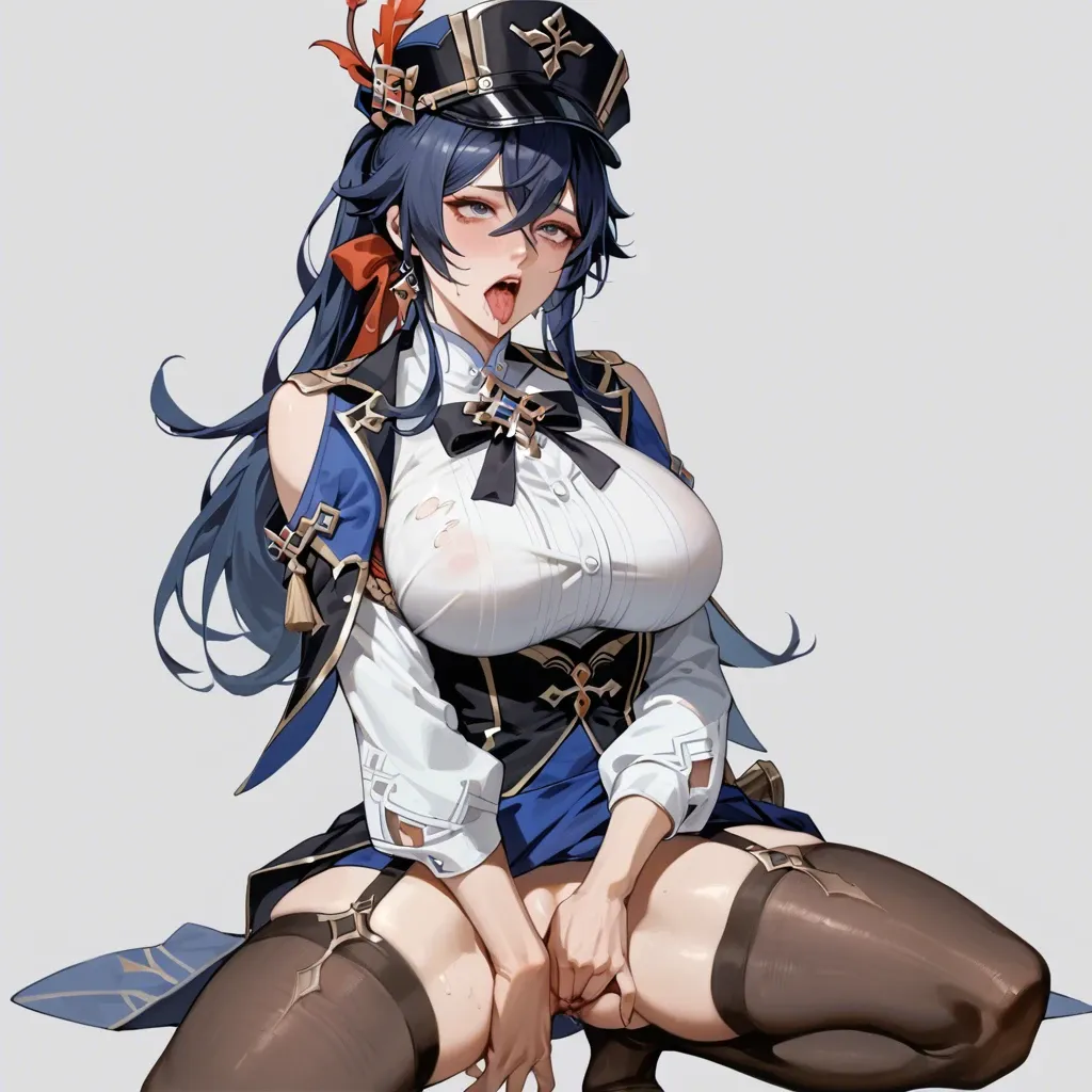 1girls,solo,long hair,ponytail hairstyle,doublet,shirt,skirt,stockings,hat tyroleant,dark blue hair,big breasts,grabbing brists,Clorinde(genshin impact),ahe-gao,masturbation