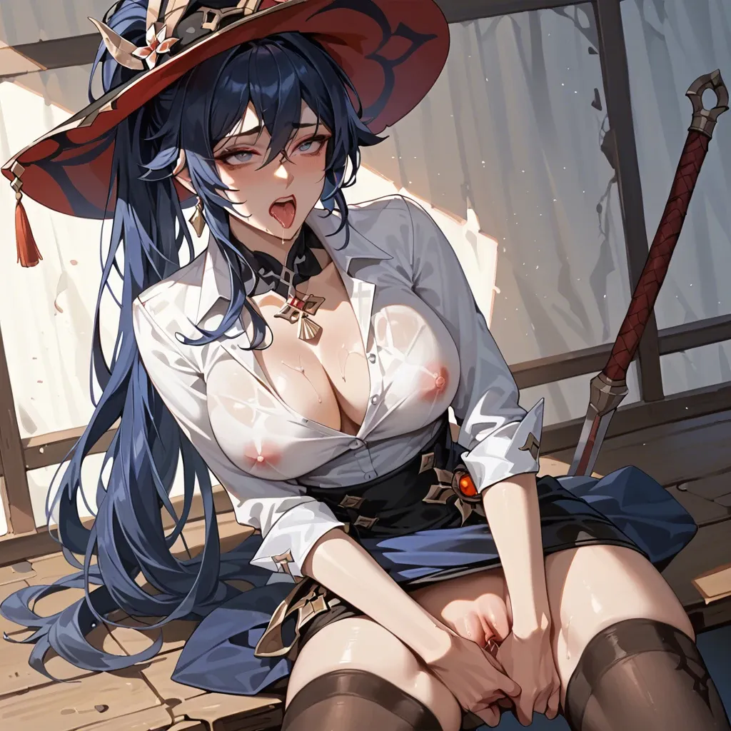 1girls,solo,long hair,ponytail hairstyle,doublet,shirt,skirt,stockings,hat tyroleant,dark blue hair,big breasts,grabbing brists,Clorinde(genshin impact),ahe-gao,masturbation