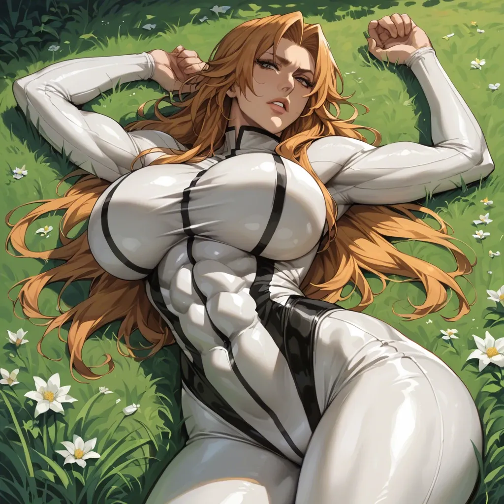 Solo, rangiku matsumoto (bleach), grass, lying face down, turned to the side, detailed face, massive ass, massive breast, skin-tight clothes, High definition, good face, abs, do not show hands, seductive