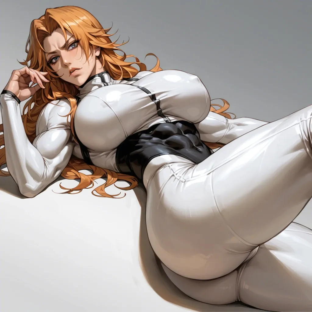 Solo, rangiku matsumoto (bleach), lying, sided body, detailed face, massive ass, massive breast, tight clothes, High definition, good face, abs, do not show hands, close up from ass