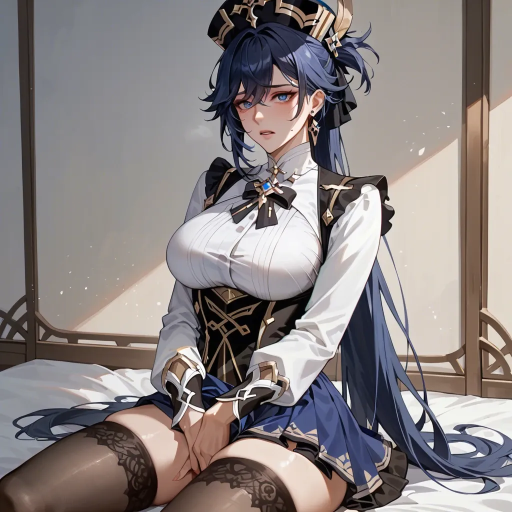 1girls,solo,long hair,ponytail hairstyle,The doublet,shirt,skirt,stockings,hat tyroleant,dark blue hair,big breasts,Clorinde_(genshin impact),grabbing brists, masturbation,