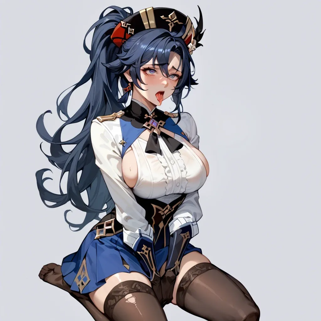 1girls,solo,long hair,ponytail hairstyle,doublet,shirt,skirt,stockings,hat tyroleant,dark blue hair,big breasts,grabbing brists,Clorinde(genshin impact),ahe-gao,masturbation,spread ass