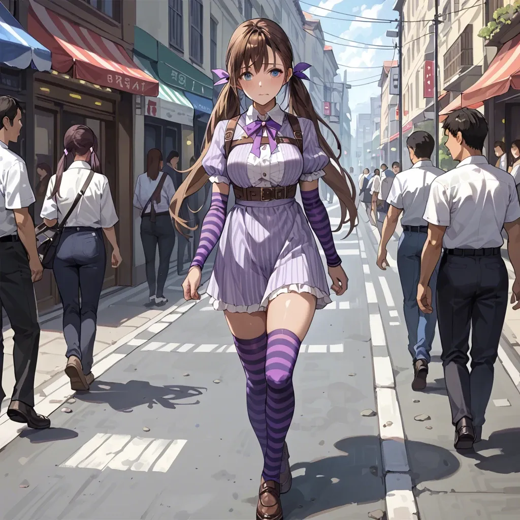 Cute, anime, futanari, long brown hair pigtails, blue eyes, purple striped thighhighs, purple striped elbow gloves, purple ribbon bondage, public, walking