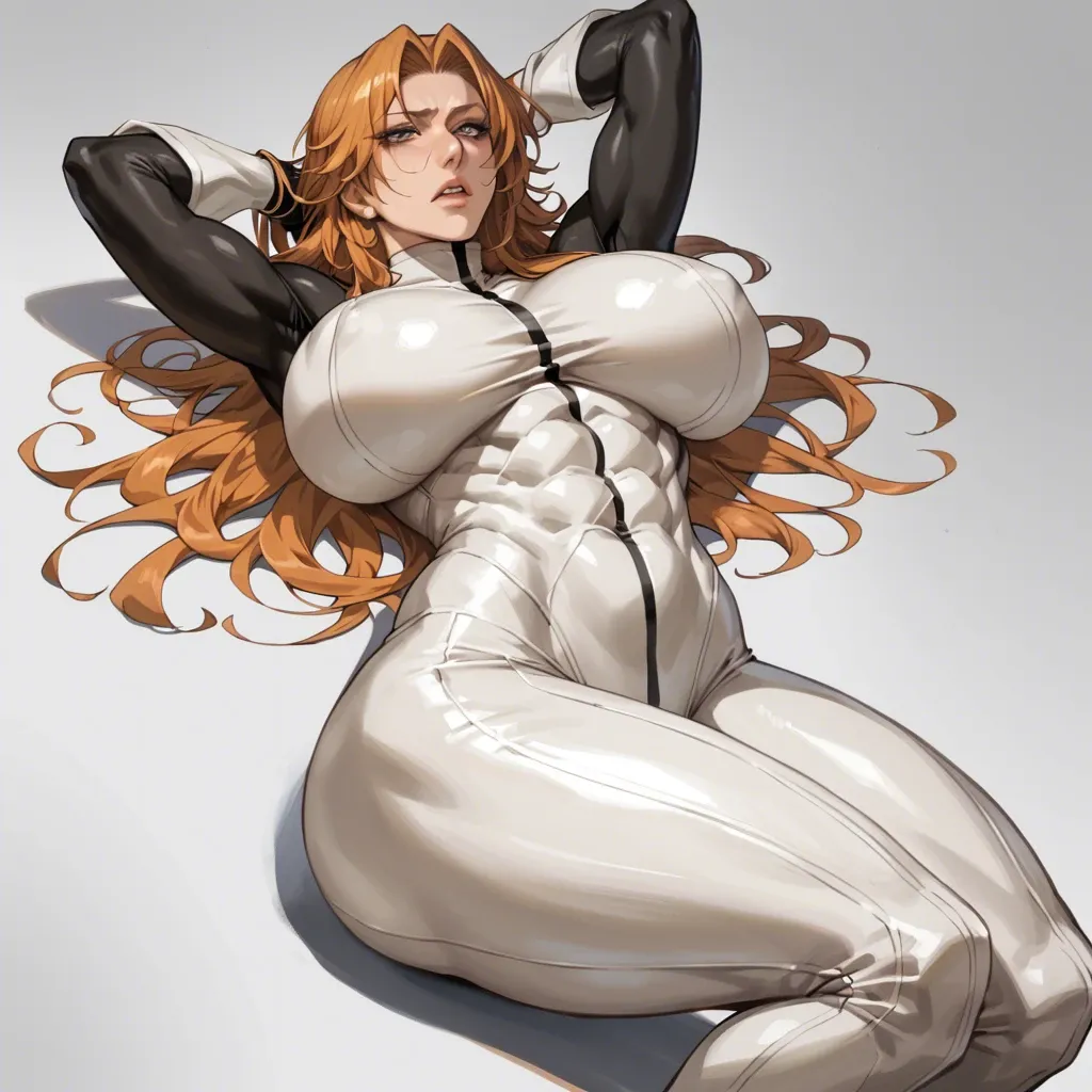 Solo, rangiku matsumoto (bleach), lying, sided body, detailed face, massive ass, massive breast, skin-tight clothes, High definition, good face, abs, do not show hands, focus from behind, thight ass