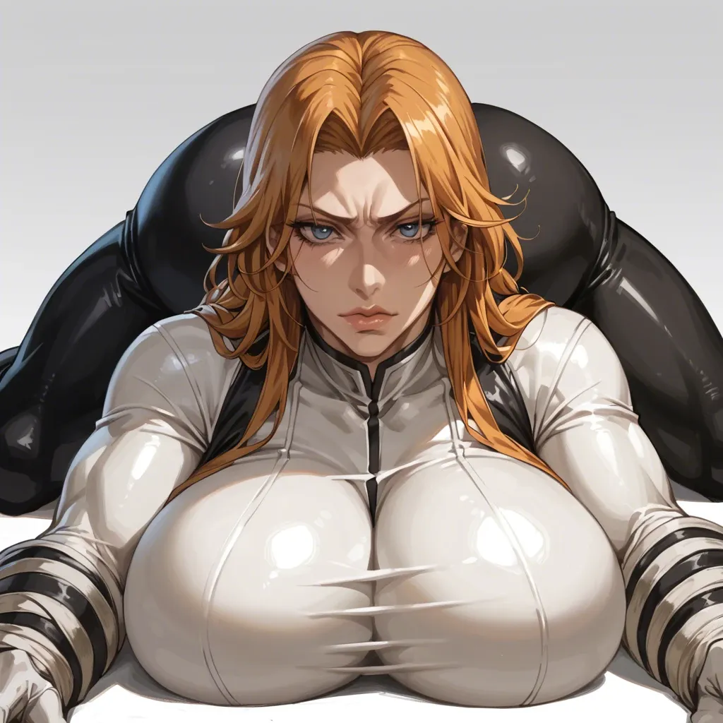 Solo, rangiku matsumoto (bleach), prone position, sided body, detailed face, massive ass, massive breast, skin-tight clothes, High definition, good face, abs, do not show hands, seductive