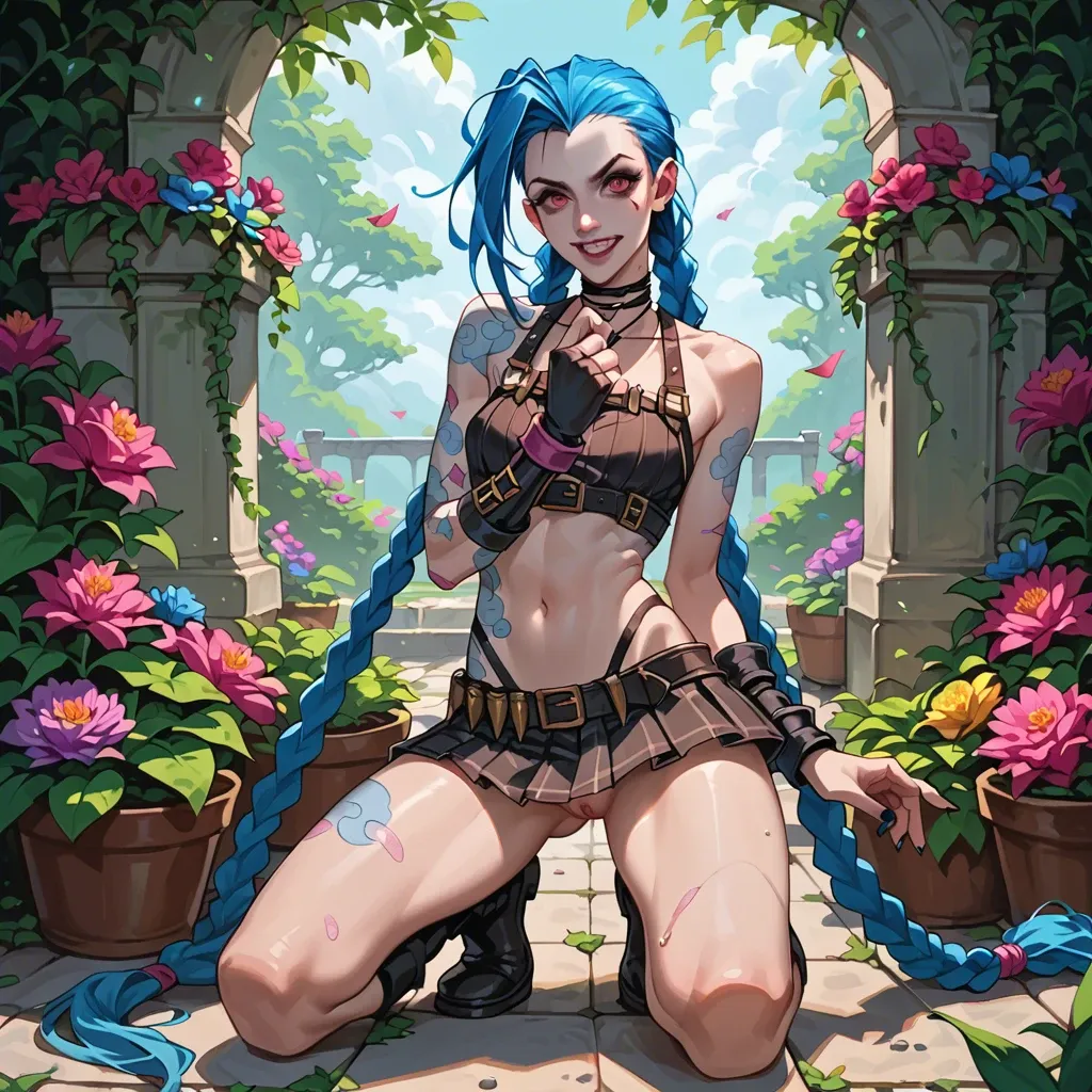 Jinx,league of legends,petite body,long blue hair,braids,outfit,full body,skirt,crop top, looking at viewer,colorful,garden,looking at viewer