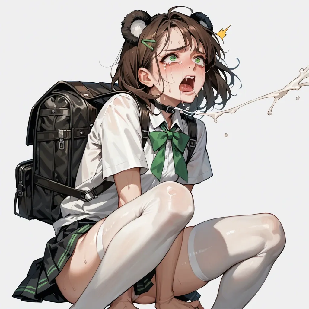 The illustration shows a school girl, she is dressed in a PANDA costume (ears and black and white clothes), white stockings, a backpack on her back, she has long brown hair, green eyes, flat chest. She is crying in pain, cum is pouring out of her mouth and pussy.  At school during a lesson