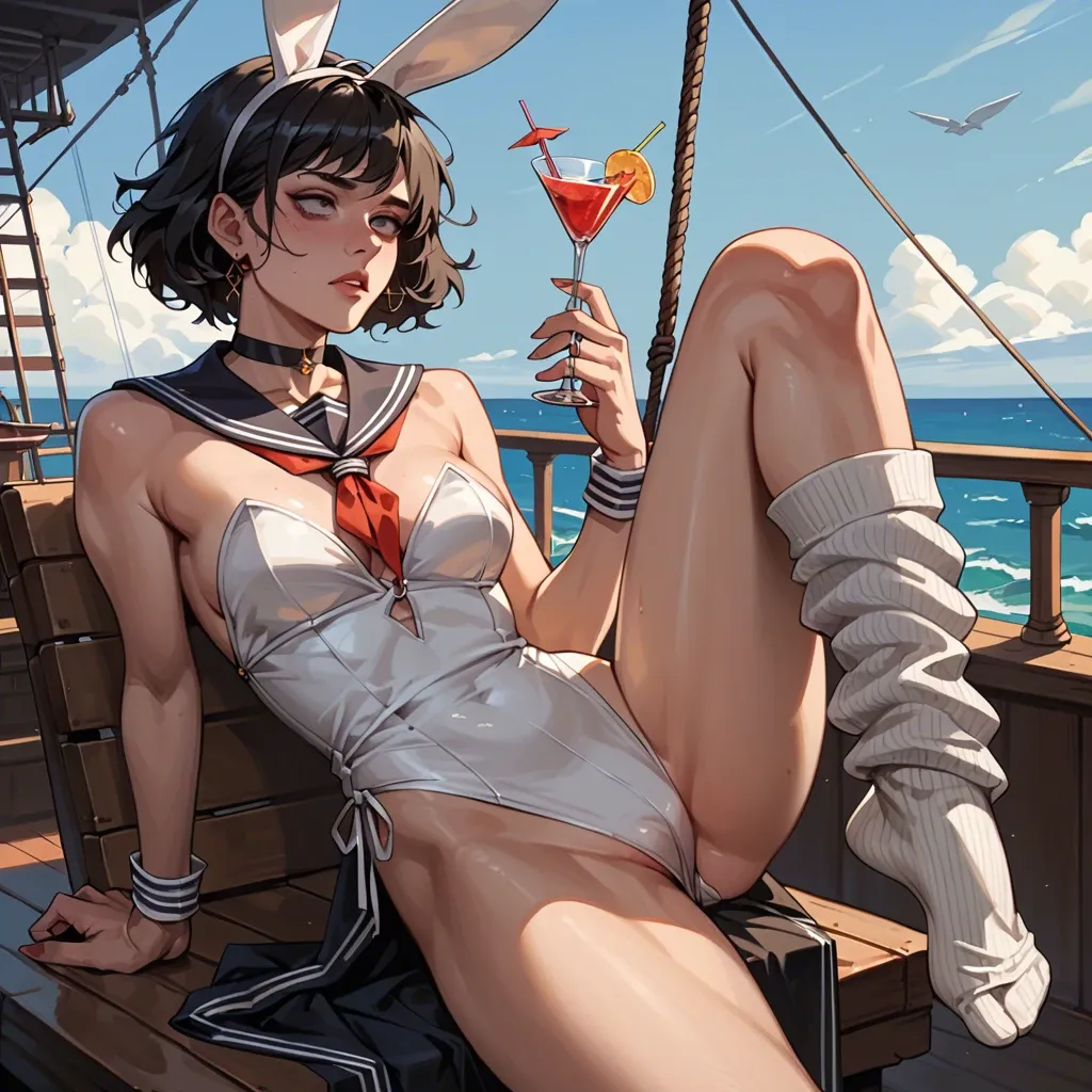 2girl, , , , molest,on elbows,medium tits,bondage ship,gray skin, cocktail dress,lacey,black choker,white leotard,no shoes, bunny costume,leg warmers,sailor collar,bikini,strappy sandals, bare, lake, spaceship, cyborg girl, live realistic, sunlight, linked, elsa