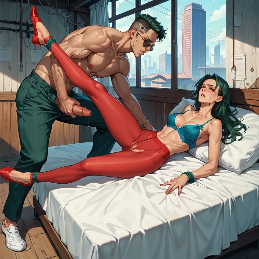 1girl,1boy, , , , high cheekbones,bound ankles,nipple rings,barn background,bare shoulders, baggy pants,red stockings,sunglasses,blue bra,ballet shoes, barely, city, cyberpunk, on bed, anime, dark green gown, tifa lockhart, rapunzel waifu