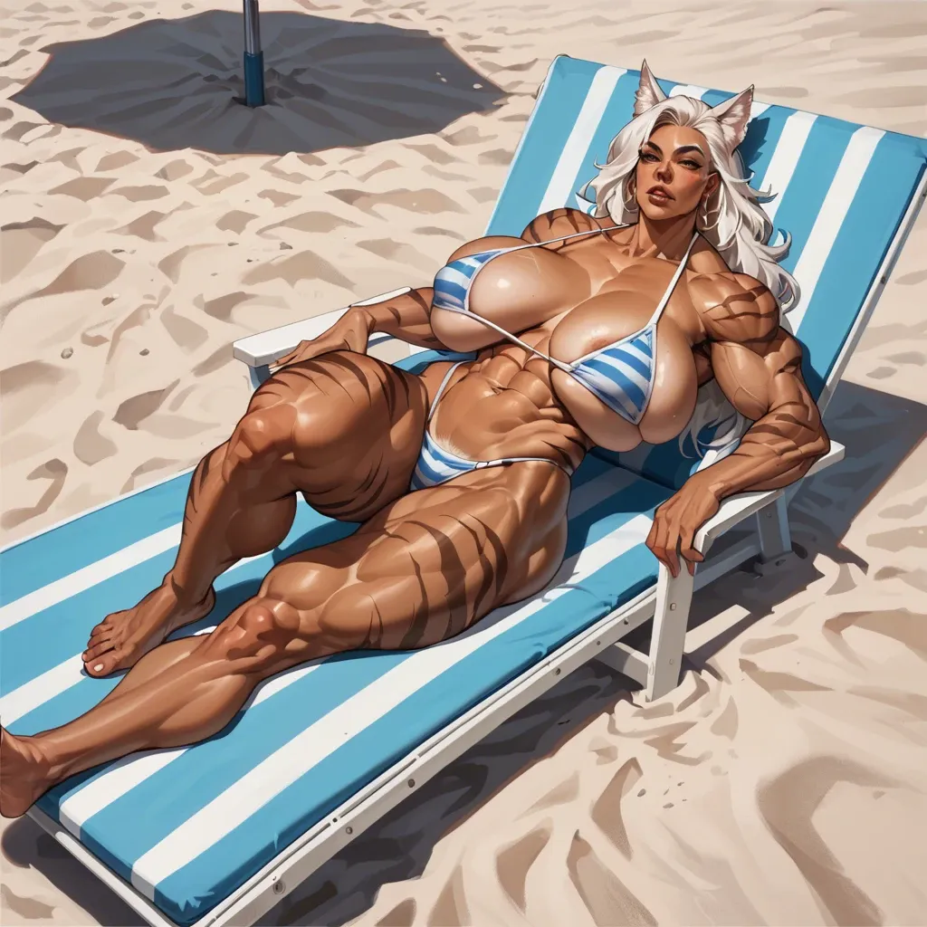 Brown skin , tigerstripes , very muscular , gigantic brown saggy breasts , white hair , foxgirl , wearing bikini , laying on the beach chair at beach legs open  , large brown areolas , fluffy white/brown foxtail , (white hair) , (tigerstripes on gigantic  saggy breasts) ,(brown skin with tigerstripes) ,