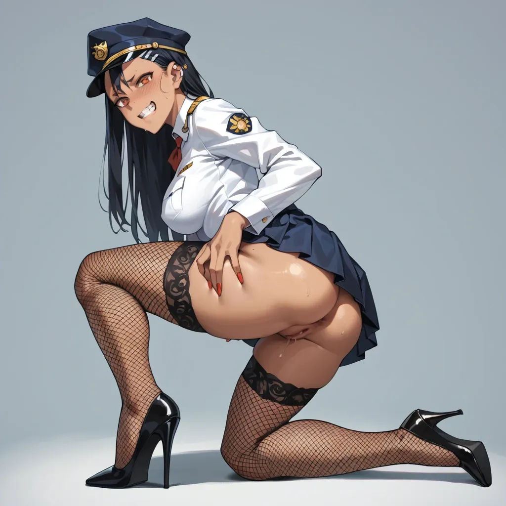 ( Hayase Nagatoro) A stewardess in uniform and cap, she has a miniskirt, fishnet stockings and blouse and jacket, her body is hourglass, large breasts and ass, she wears stiletto heels, she has a mischievous and complicit attitude.