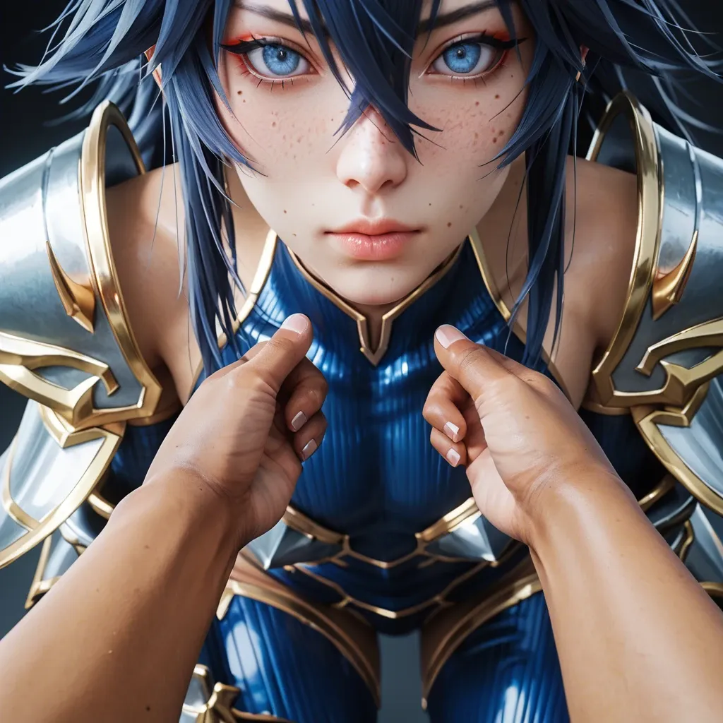 1femboy, 3d,phoenix ikki(saint seiya),dark blue hair,freckles,adorable femboy,girly male,dark blue tights,silver armor,Phoenix armor,pov,tanned skin, solo,close-up,perfect face