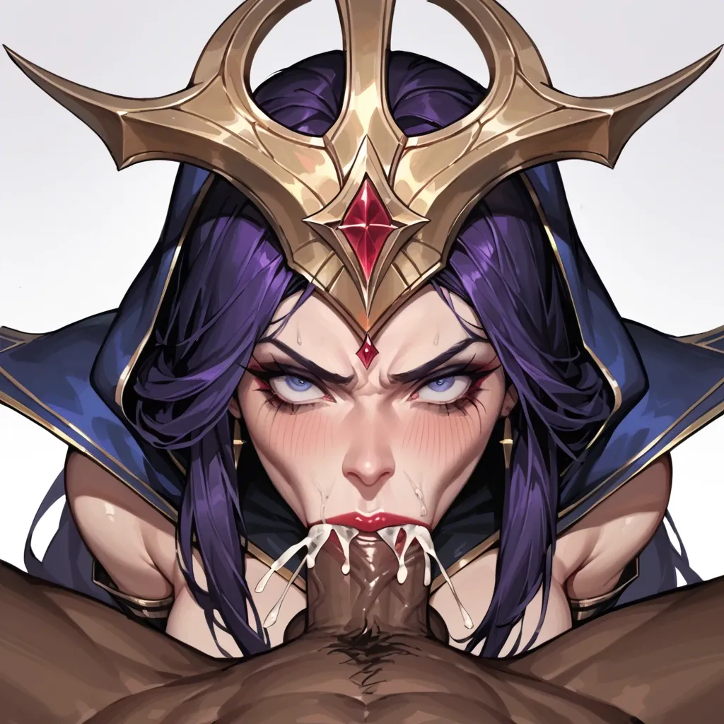 LeBlanc from League Of Legends, dark purple hair, headpiece with red jewel, angry face, deepthroat, pov, 1 boy, dark skinned male, huge penis, cum in mouth, cum inside