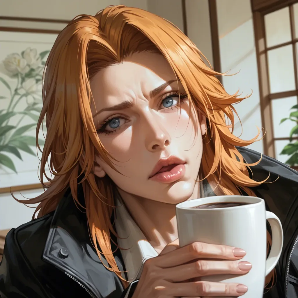 Rangiku Matsumoto (bleach), detailed face, inside house, coffee, do not show hands, massive ass, High definition, good face, coat, upper body close up