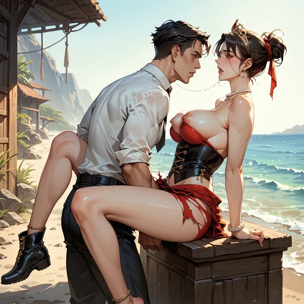 1girl,1boy, , , , amber eyes,two-footed,round breasts,background sea,pearl necklace, shirt pull,anklets,gold tiara,sexy red bikini,black boots, torn skirt,lace trim,hair tie,black corset,heels, medieval dress,lace lingerie,circle glasses,pulled bra,sandals, shower, battlefield, tavern setting, big ring gag, respectable, zelda, reinhardt