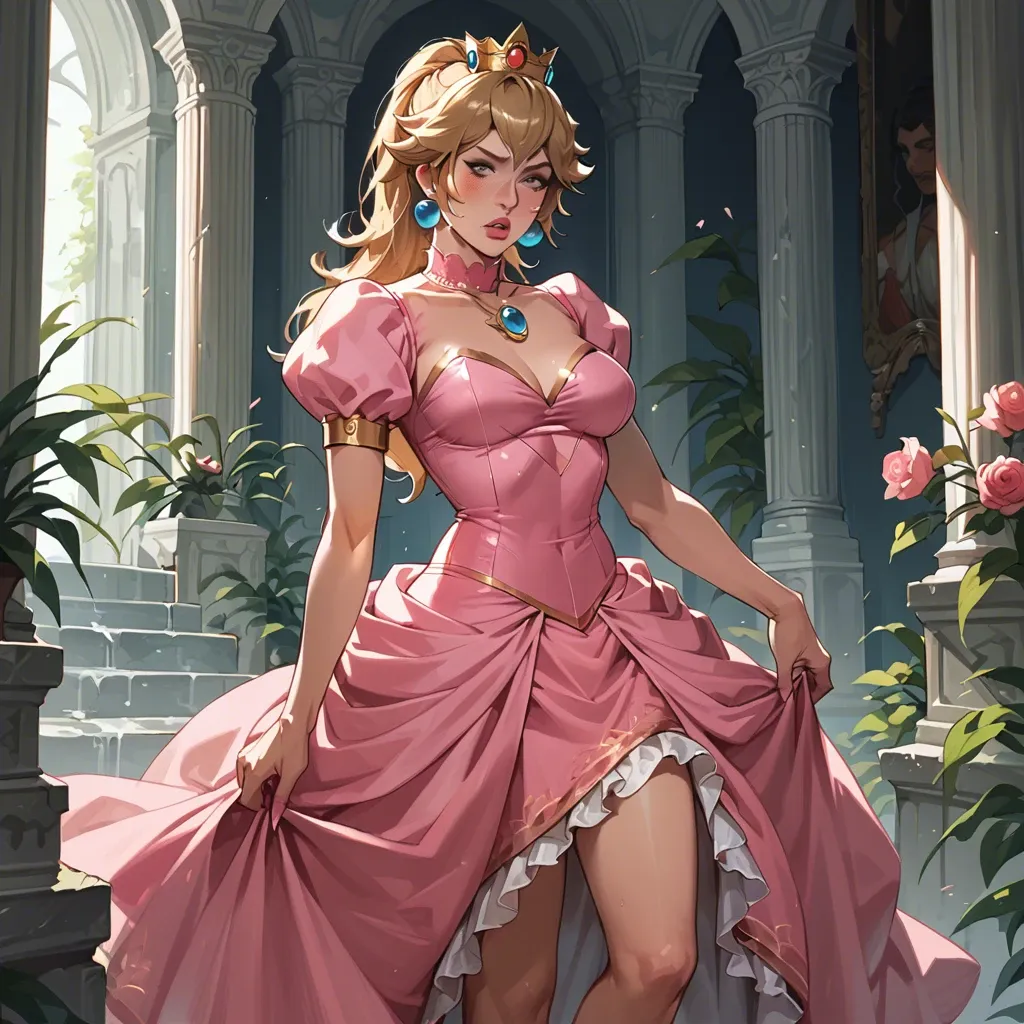 1 girl, princess peach, pink princess dress, gold tiara, lara croft, clothed