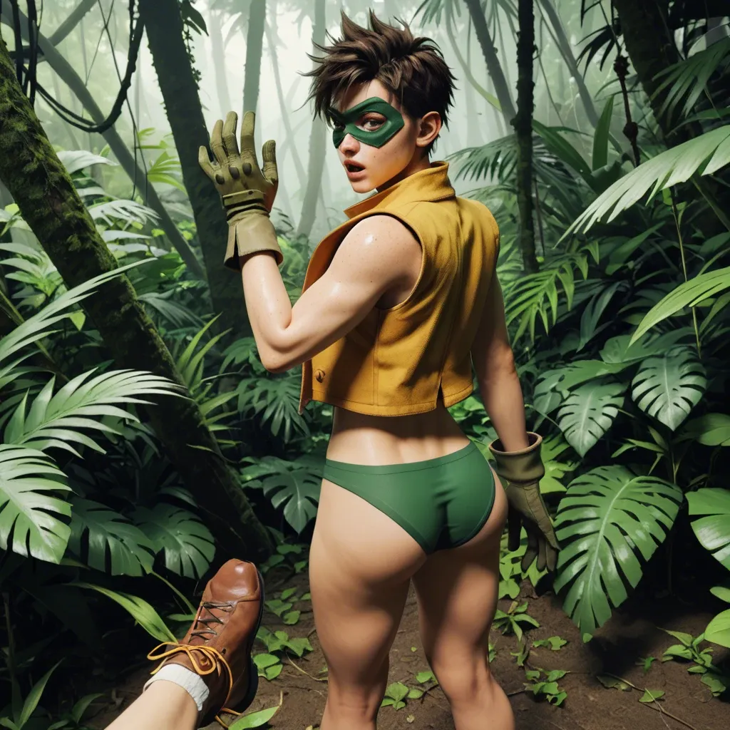 1femboy,3d,robin,freckles,adorable femboy,eye mask,green briefs,yellow cape,red vest,green gloves,perfect face,boot shoes, awe,spiky,pov,jungle,standing,presenting ass,looking back,close-up,