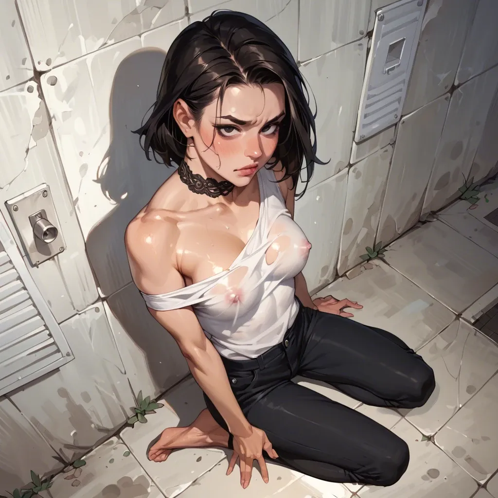 1girl,solo, , , , eyebrows,bare arms,firm breasts,sideboob,ankles, rosy cheeks,college girl,nipple,establishing,knee, black eyes,shiny hair,erected nipples,from above,bare shoulder, pants,lace choker,beaded jewelry,leotard aside,platform heels, in office, alley, robot, detailed fur, bright eyes, mario and luigi, wonder woman, asuka langley