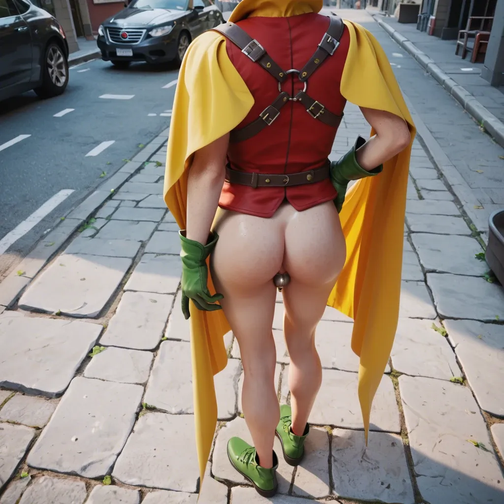 1femboy,3d,robin,freckles,adorable femboy,eye mask,yellow cape,red vest,green gloves,perfect face,green brief,boot shoes, awe,spiky,pov,standing,presenting ass,chastity cage,green tights