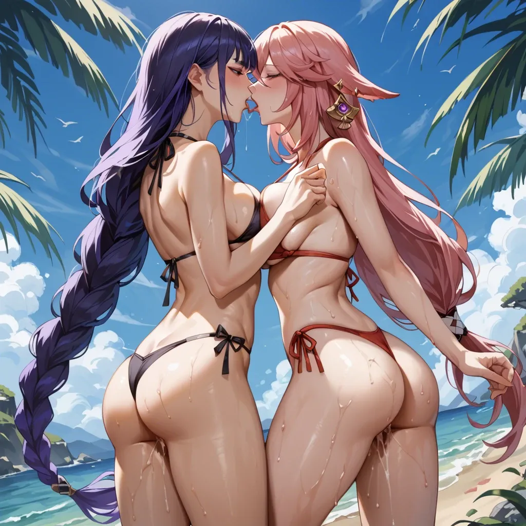 2 girls, shogun raiden from genshin impact, yae miko from genshin impact, rounded breasts, rounded ass, pussy juice, clear liquid running down her legs, standing, suntan from bikini, tanned, bikini, standing, kiss, hugging cheek, on the beach, embarrassed, horny, wet, Tan lines, topless