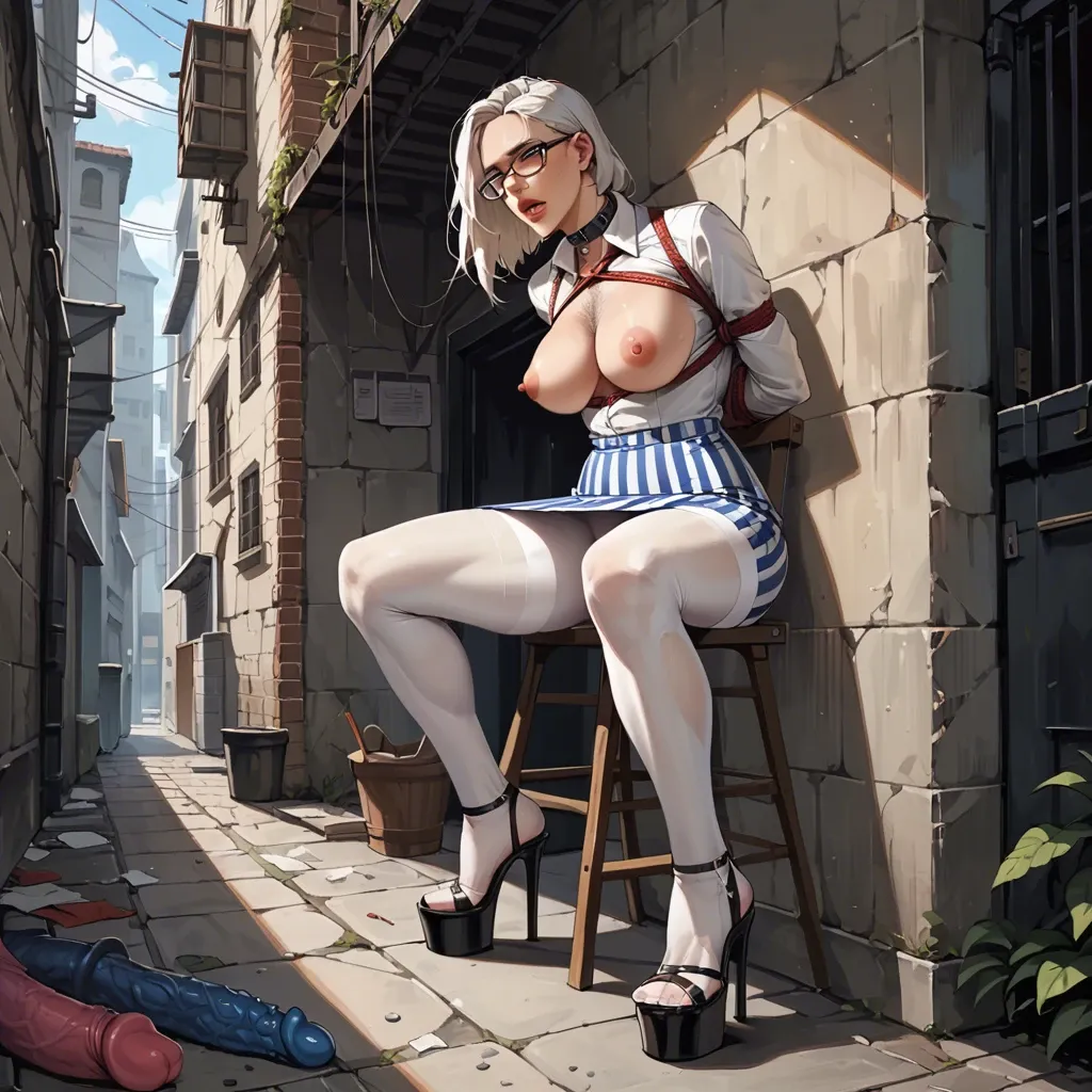 1girl,solo, , , , eye,hands bound,defined nipples,chest hair,shoulder, striped skirt,white pantyhose,glasses,laced bodysuit,platform heels, in the office, alleyway, dungeon, huge dildo, collars, linked, elsa