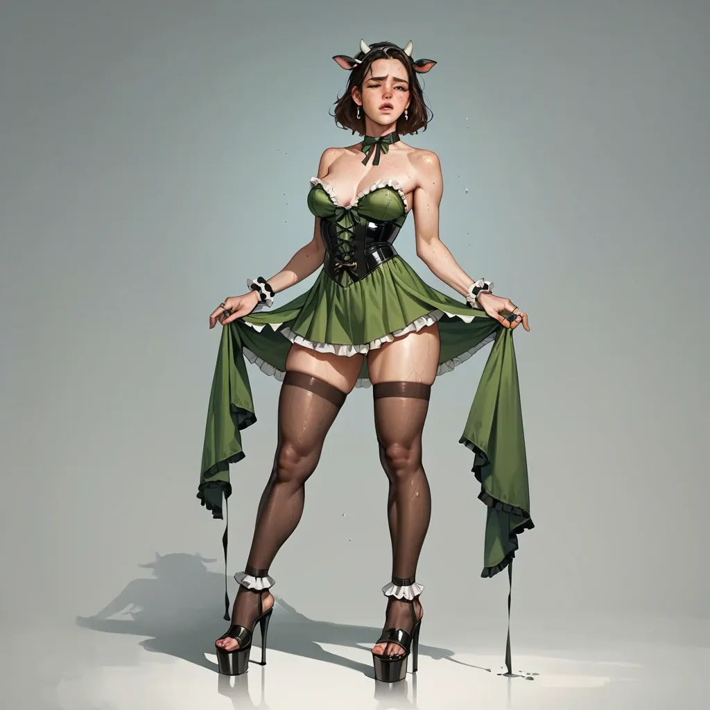 1girl,solo, , , , freckles,feet,firm breasts,hips,wet skin, cow costume,black stockings,frilled gloves,corset,platform heels, nightgown,baggy socks,rings,green bodysuit,sandals, micro skirt,lace lingerie,racing gloves,crotchless,armored boots, inside bedroom, garden, castle, table, table, source cartoon, moody lighting, lara croft, rapunzel, ayanami