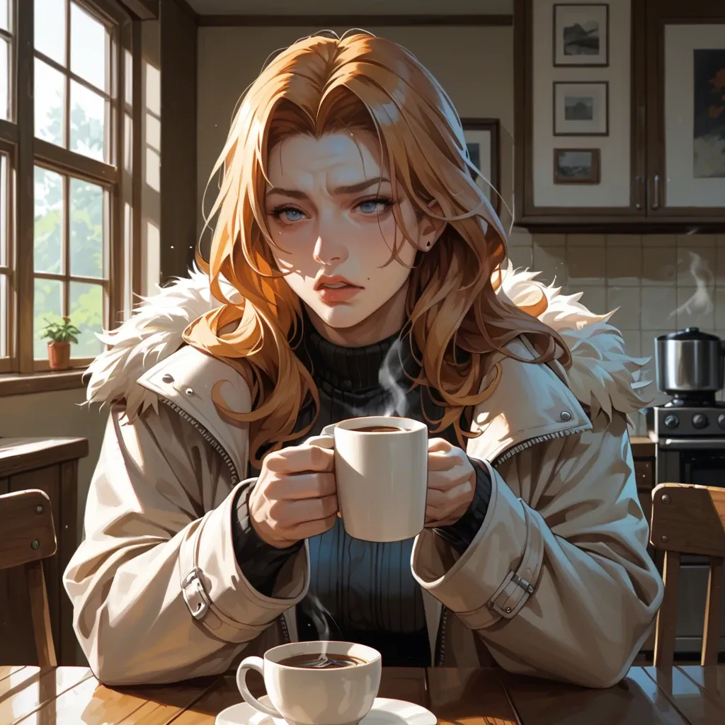 Matsumoto Rangiku, detailed face, inside house, coffee, do not show hands, massive ass, High definition, good face, coat, upper body close up