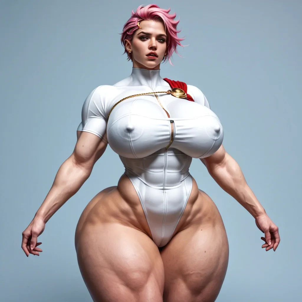 1girl,  aked, sexy and beautiful woman, Zarya and Power Girl's fusion, full lips, big huge breasts, slim waist, wide hips, gigantic hips, colossal hips, huge ass, gigantic ass, thick thigs, colossal thigs, colossal ass, naked, venus hips, bimbo ass, fat hips,  hips bigger than body, ass bigger than body, thigs bigger than body, twerk