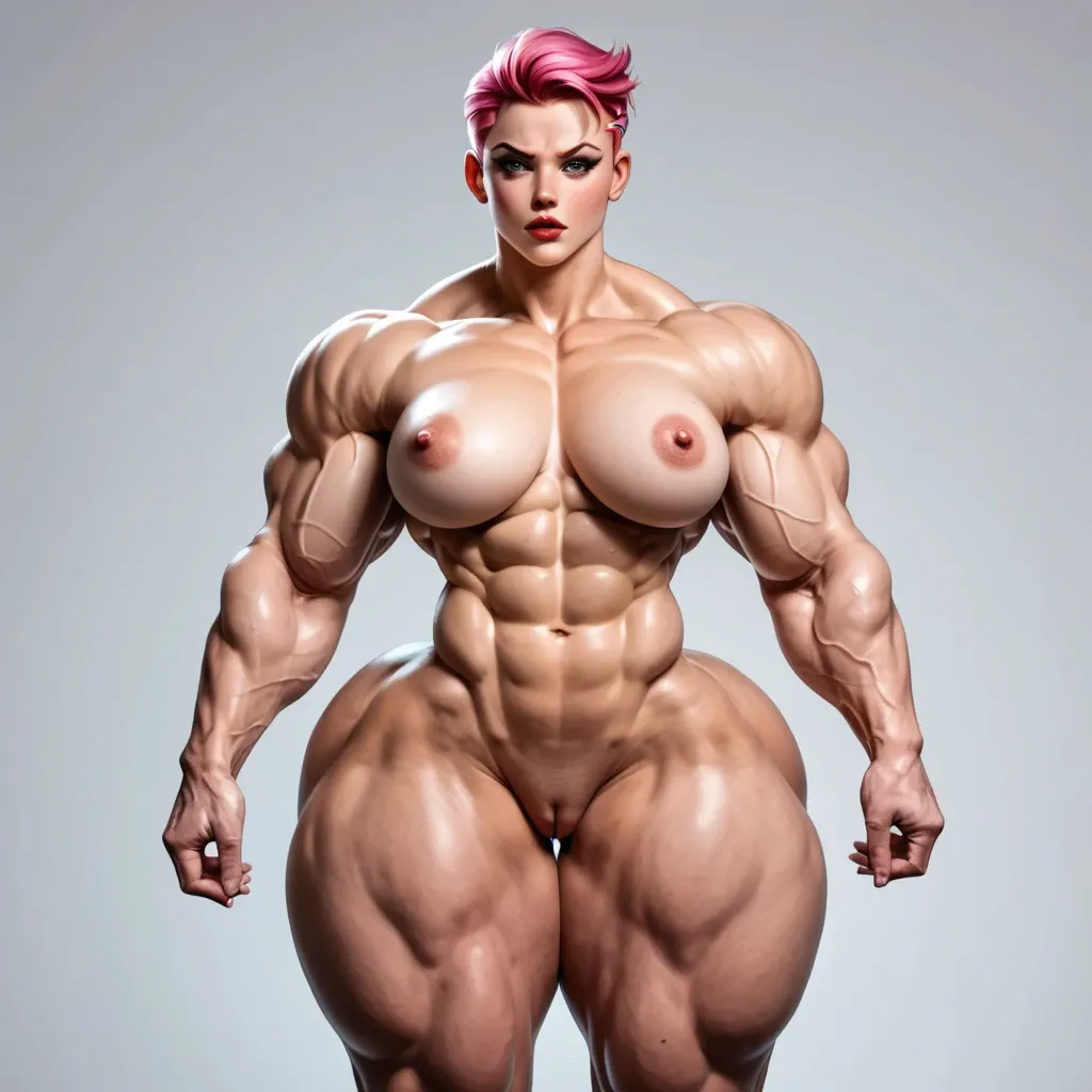 1girl,  aked, sexy and beautiful woman, Zarya and Helen Parr from The Incredibles, muscular arms, full lips, perfect breasts, slim waist, wide hips, gigantic hips, colossal hips, huge ass, gigantic ass, thick thigs, colossal thigs, colossal ass, naked, venus hips, bimbo ass, fat hips,  hips bigger than body, ass bigger than body, thigs bigger than body, twerk