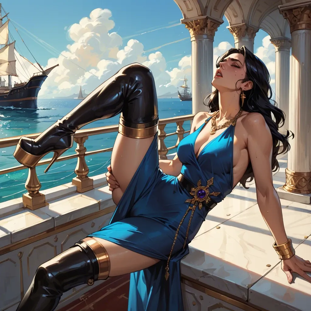 1girl,solo, , , , mole,black footwear,medium breasts,hips grab,gold necklace, eyes up,platform heels,big perky boobs,ship,purple necklace, blue dress,palace,gold bracelets,thongs,thigh boots, school bathroom, medieval, bedroom, tifa