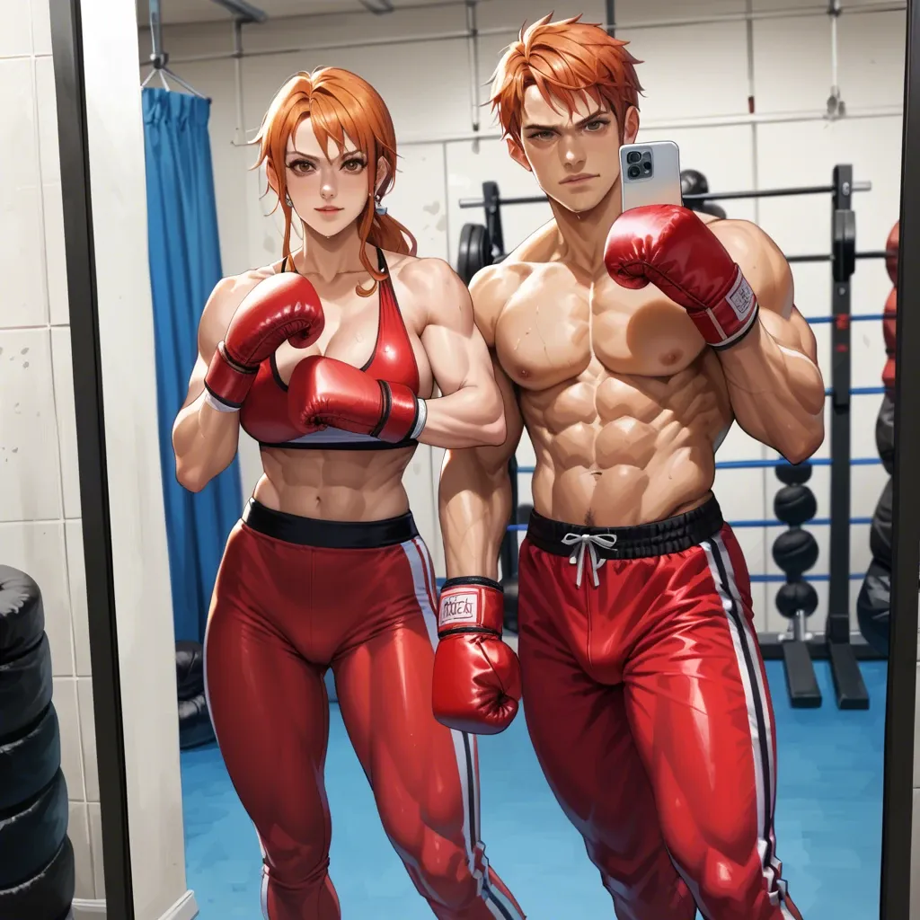 6 pack abs cute Nami, wear red boxing suit, selfie in front of mirror, in boxing gym