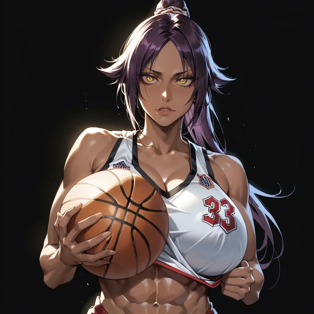 yoruichi shihoin (bleach), yellow basketball jersey, massive breast, seductive face, brilliant eyes, upper body, detailed face, black background, do not show hands, abs, High definition