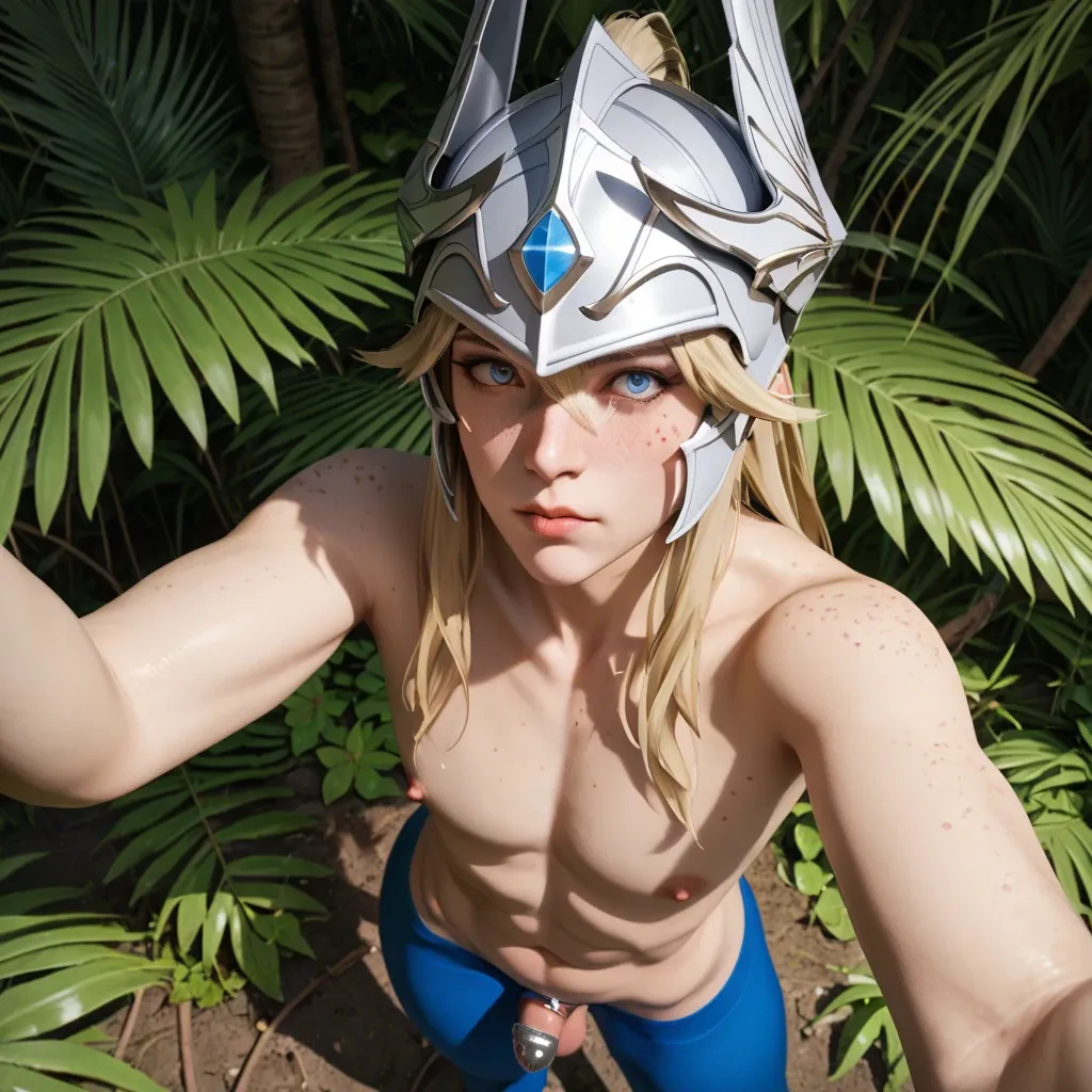 1femboy,3d,cygnus hyoga (saint seiya),blonde, freckles,perfect femboy,solo posing,standing,blue tights,silver armor,silver helmet, jungle,chastity cage,selfie,boy awe,high-angle,solo focus