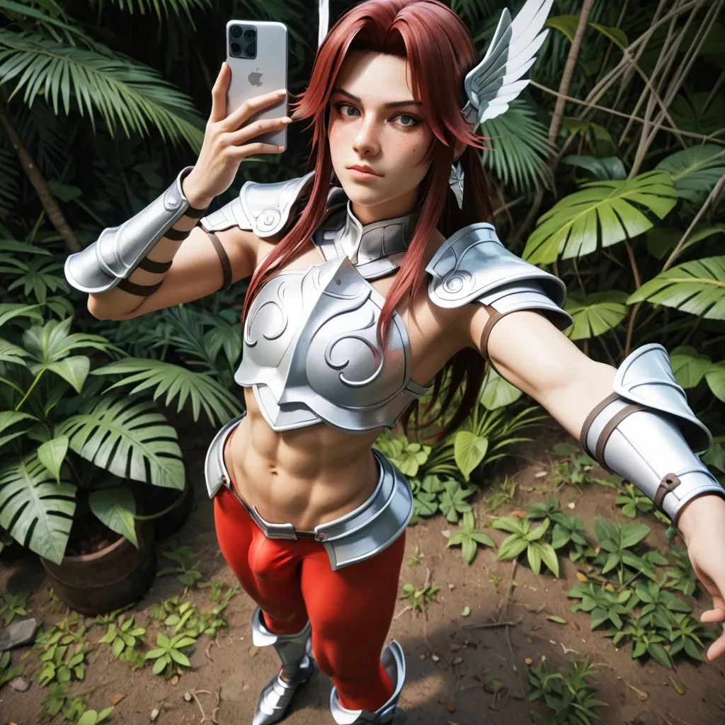 1femboy,3d,pegasus seiya(saint seiya),brunette, freckles,perfect femboy,solo posing,standing,red tights,silver pegasus armor,bulge,tan skin,armor legs,selfie,high-angle,defined,jungle