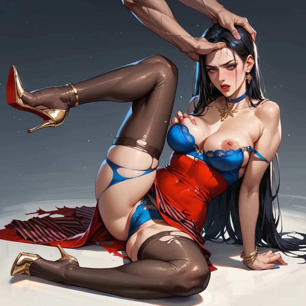 2girl, , , , eyes,5 toes,one nipple out,pec squeeze,broad shoulders, red dress,torn pantyhose,gold jewelry,pulled bra,thigh boots, red dress,striped skirt,blue choker,blue panties,stiletto heels, bedroom, on beach, spaceship, hyperdetailed, dim lighting, tifa lockhart, jasmine