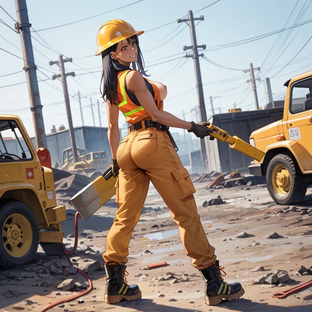 (( Hayase Nagatoro)) Sexy construction worker, she is naked but wearing her yellow hard hat, tool belt, construction boots and orange vest with reflective, full body, hourglass body, big breasts and ass.