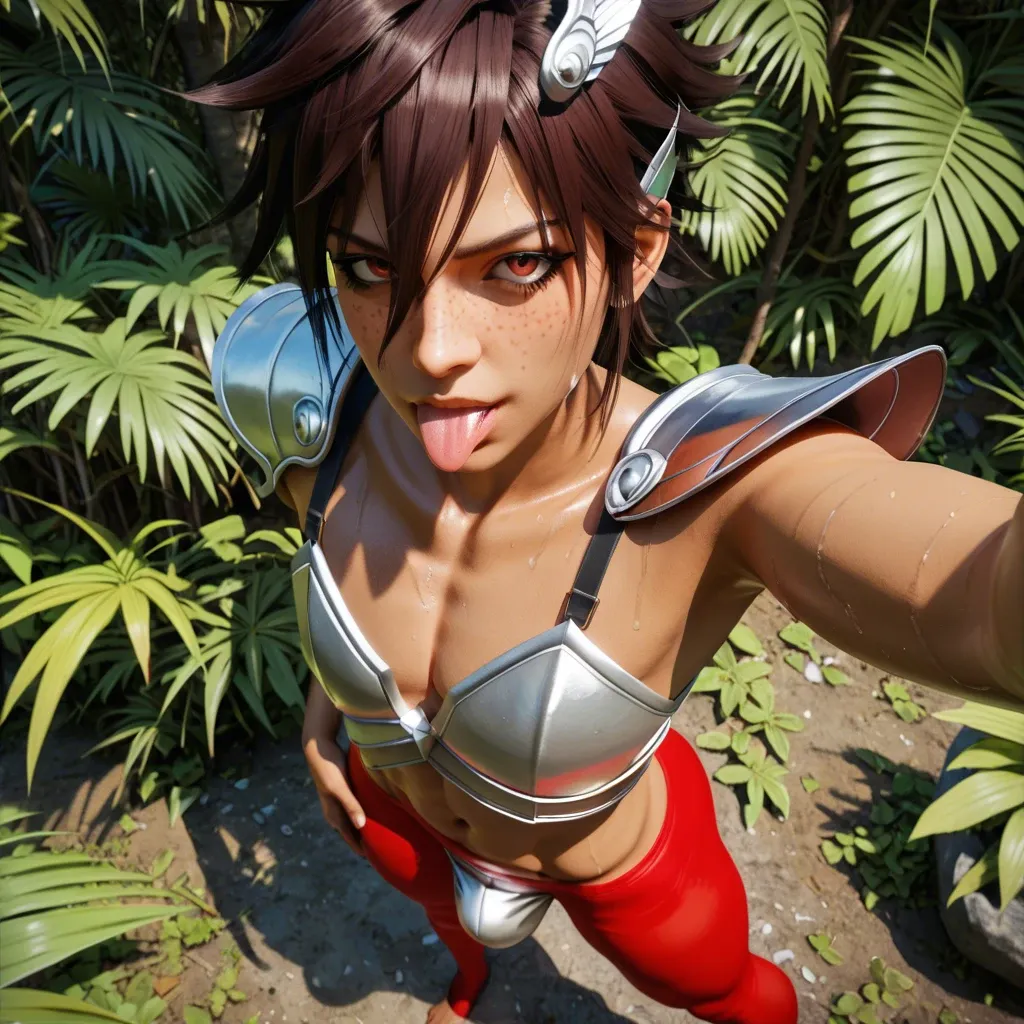 1femboy,3d,pegasus seiya (saint seiya),brunette, freckles,perfect femboy,solo posing,standing,red tights,silver pegasus armor,bulge,high-angle,tanned skin,selfie,sweaty,tongue, jungle