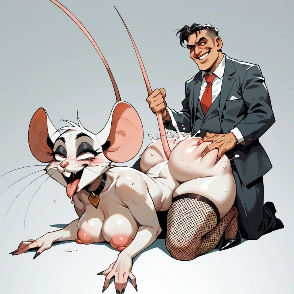 cartoonish zoophilia view of female furry white mouse, huge inflated silicon saggy tits with huge puffy nipples, no background, extremely squint-eyed smiling blushing ahegao orgasm, fishnet stockings, classy makeup, getting fucked by huge rat with huge cock