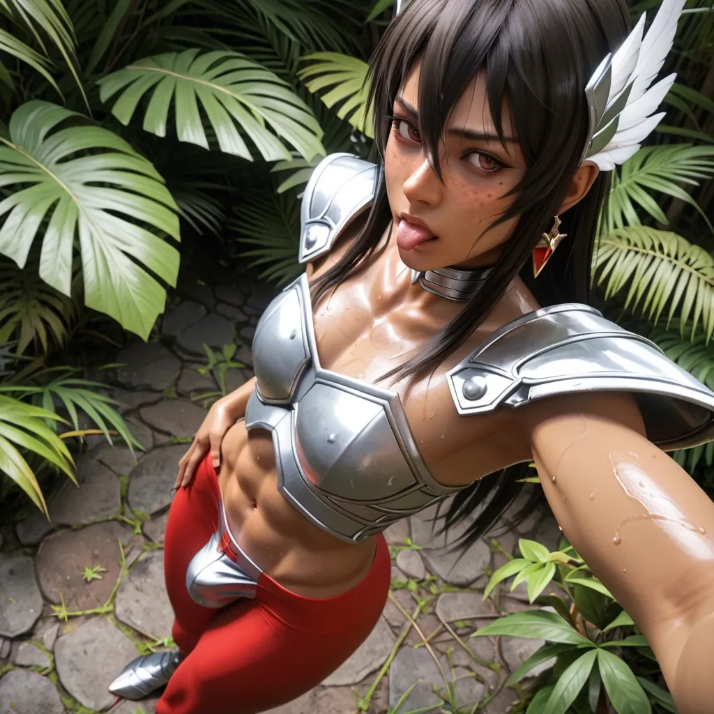 1femboy,3d,pegasus seiya (saint seiya),brunette, freckles,perfect femboy,solo posing,standing,red tights,silver pegasus armor,bulge,high-angle,tanned skin,selfie,sweaty,tongue, jungle