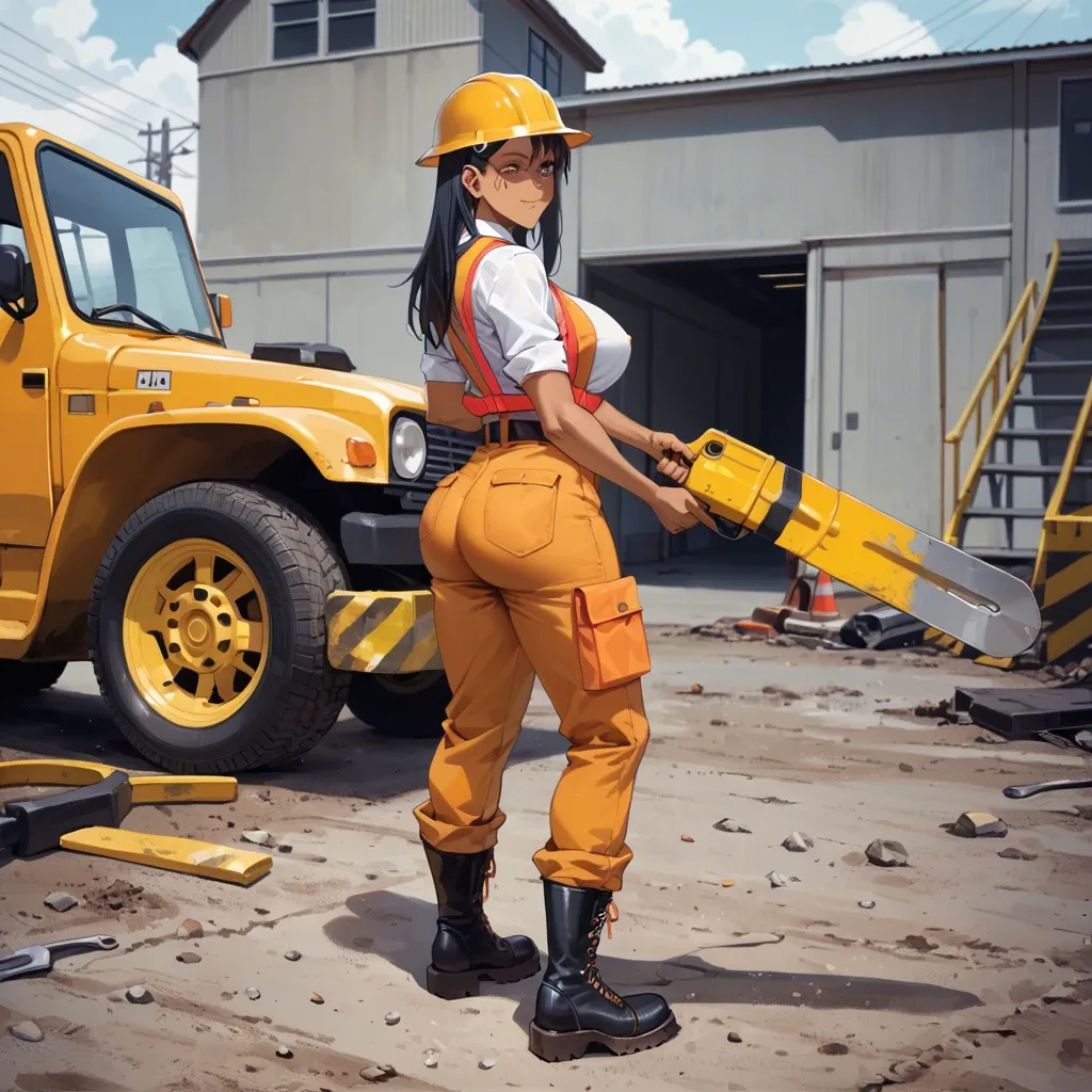 (( Hayase Nagatoro)) Sexy construction worker, she is naked but wearing her yellow hard hat, tool belt, construction boots and orange vest with reflective, full body, hourglass body, big breasts and ass.