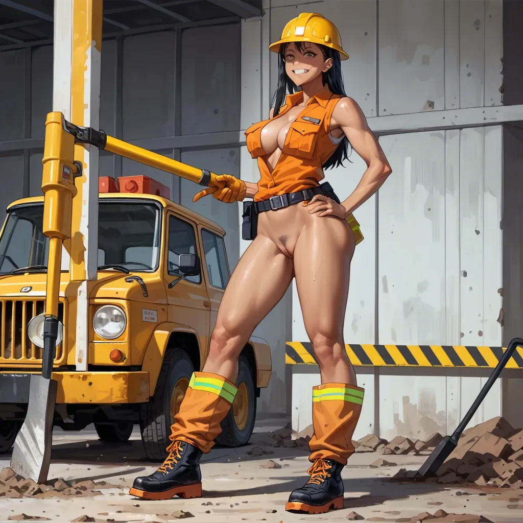 (( Hayase Nagatoro)) Sexy construction worker, she is naked but wearing her yellow hard hat, tool belt, construction boots and orange vest with reflective, full body, hourglass body, big breasts and ass.