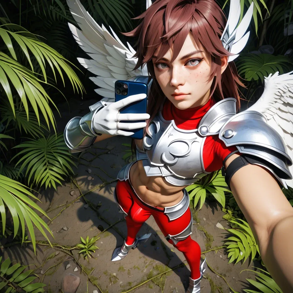 1femboy,3d,pegasus seiya(saint seiya),brunette, freckles,perfect femboy,solo posing,standing,red tights,silver pegasus armor,bulge,tanned skin,armor feet,selfie,high-angle,defined,jungle