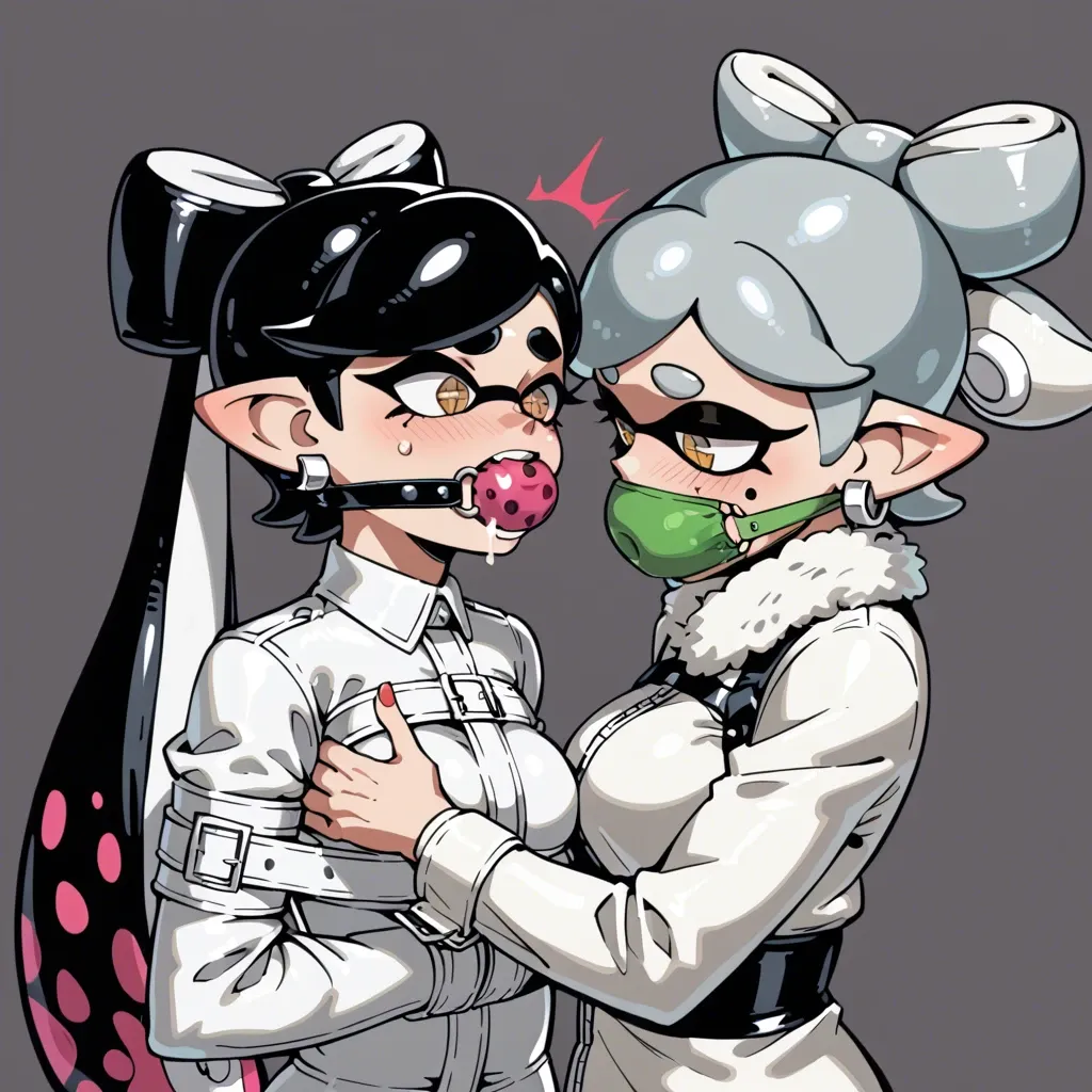 Nsfw, splatoon, Callie, Marie, 1 girl in straitjacket with fur collar and fur trim,  1 girl ball gagged, femdom, dark room, prison cell, lesbian,  1 girl struggling in straitjacket, 1 girl bound, groping, 2 girls, full body view, putting on straitjacket, 1 girl scared