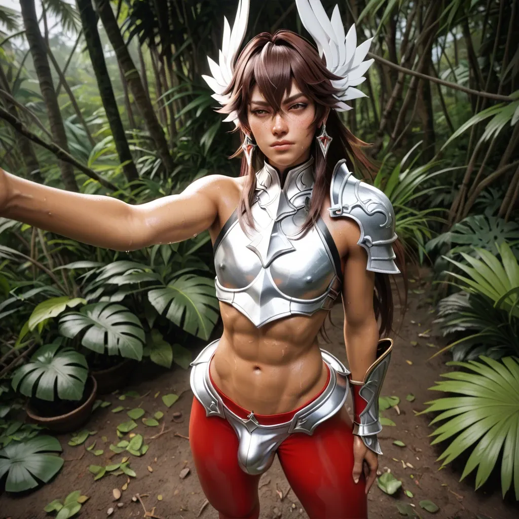 1femboy,3d,pegasus seiya (saint seiya),brunette, freckles,perfect femboy,solo posing,standing,red tights,silver pegasus armor,bulge,tan skin,tanned skin,selfie,sweaty awe, jungle