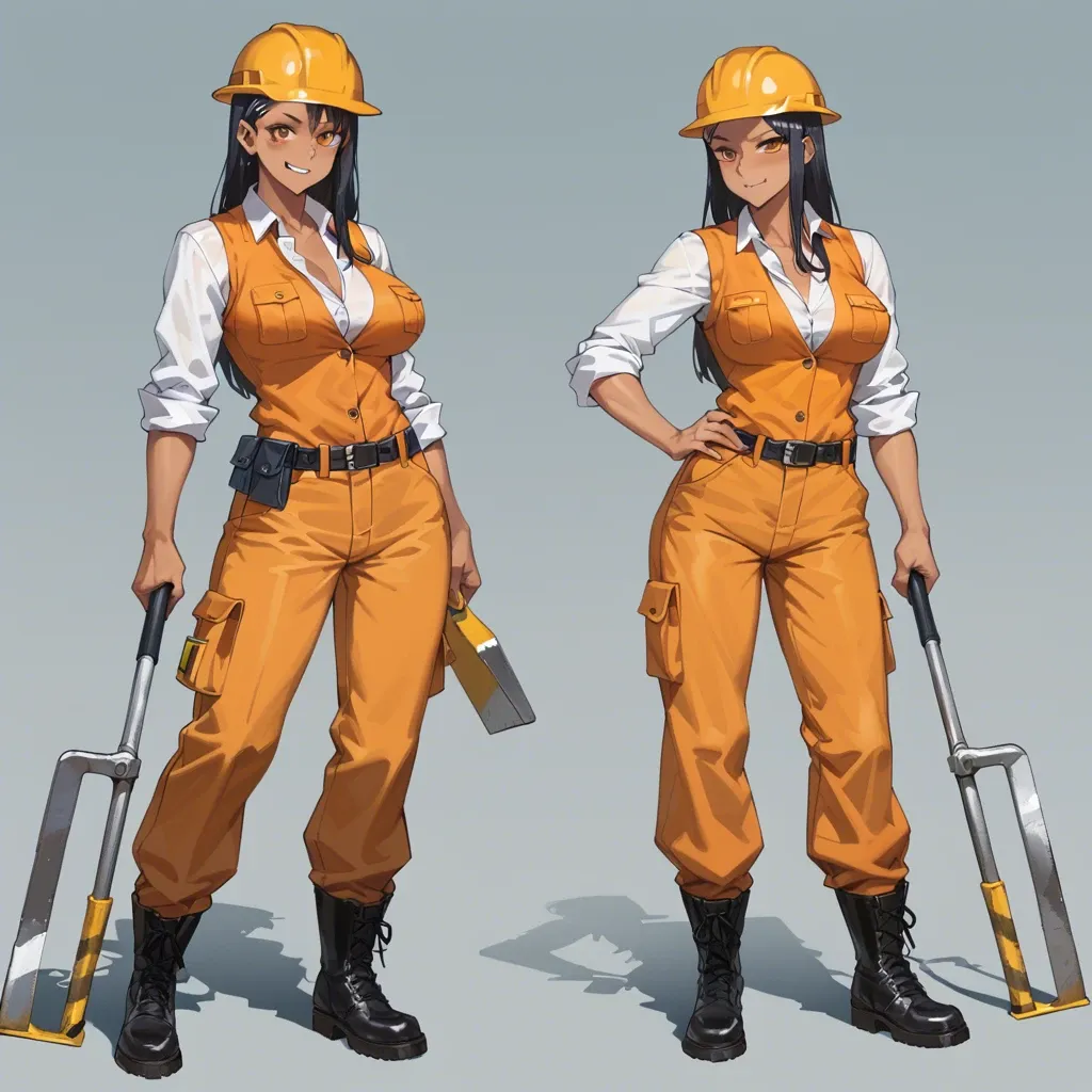 (( Hayase Nagatoro)) Sexy construction worker, she is naked but wearing her yellow hard hat, tool belt, construction boots and orange vest with reflective, full body, hourglass body, big breasts and ass.