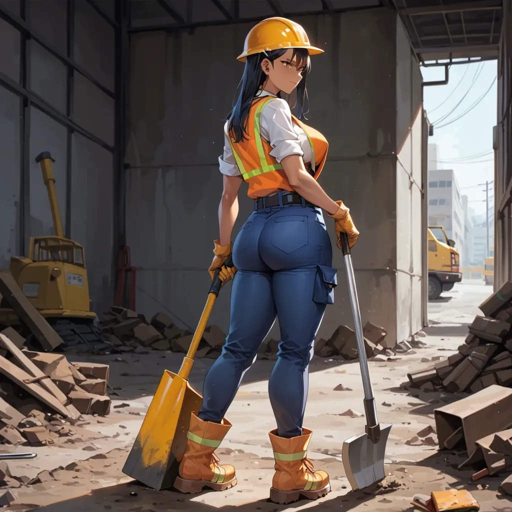 (( Hayase Nagatoro)) Sexy construction worker, she is naked but wearing her yellow hard hat, tool belt, construction boots and orange vest with reflective, full body, hourglass body, big breasts and ass.