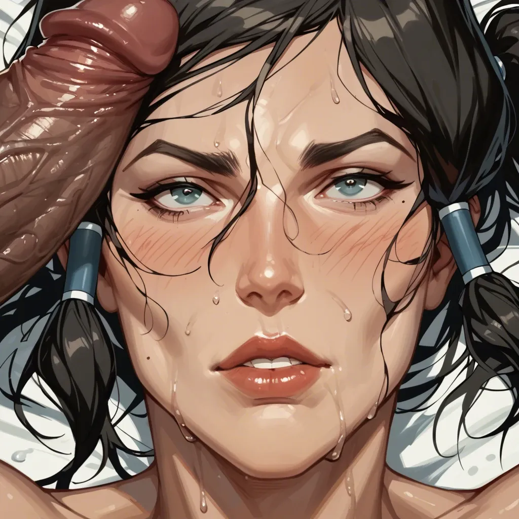 Korra, close up, face, nude, 3 cocks, Big black cocks, long, sweaty, very thick cocks, cocks laying on Korra face, cocks on face, multiple cocks pressed against face,