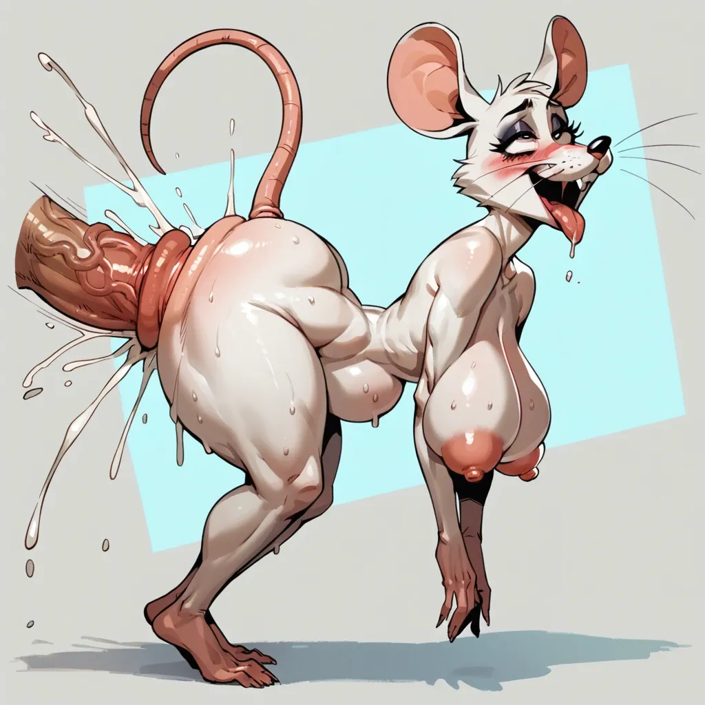 cartoonish zoophilia side view of female furry white mouse, huge inflated silicon saggy tits with huge puffy nipples, no background, extremely squint-eyed smiling blushing ahegao orgasm, naked, classy makeup, anal fucking huge rat with huge cock