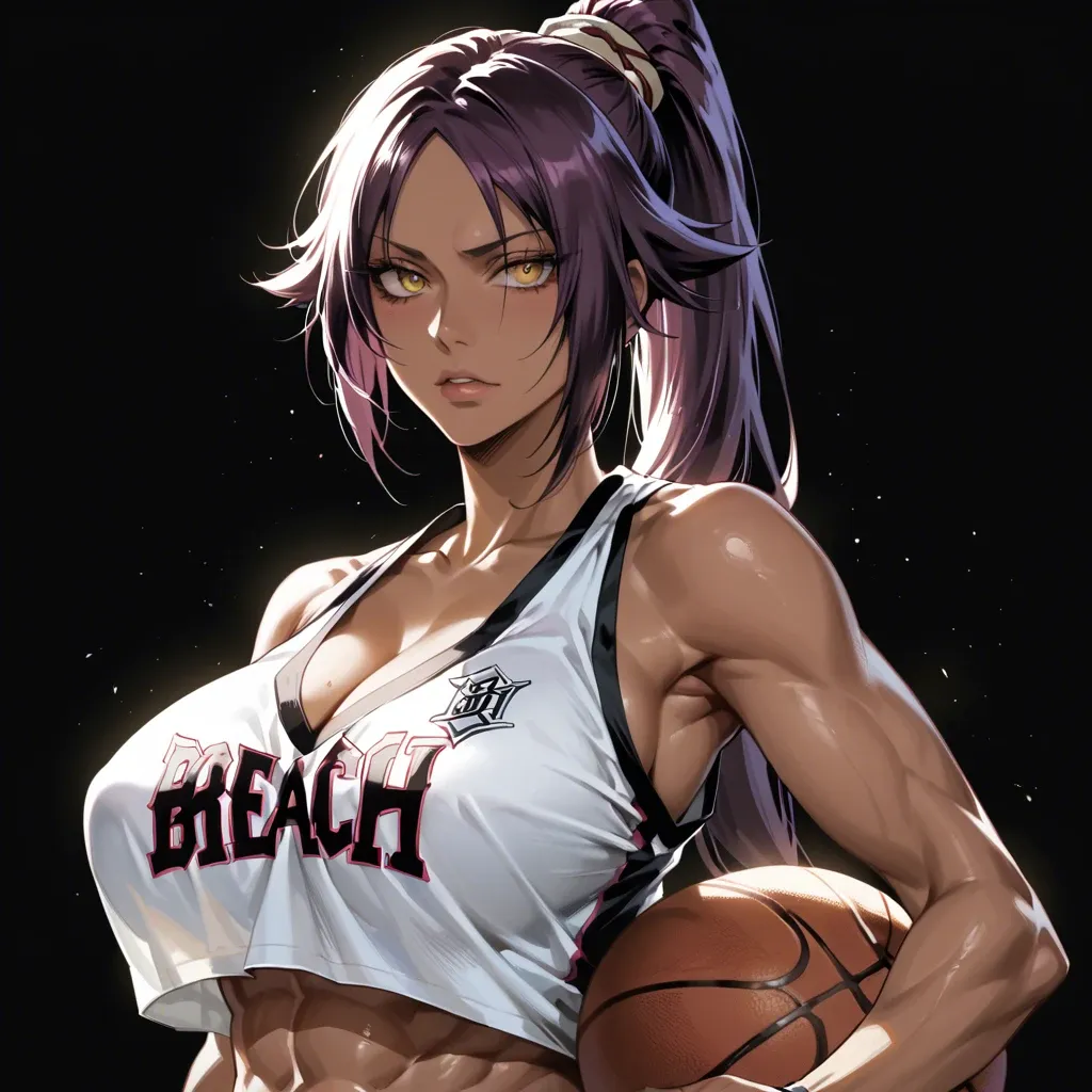 yoruichi shihoin (bleach), holding basketball jersey, massive breast, seductive face, brilliant eyes, upper body, detailed face, black background, do not show hands, abs, High definition